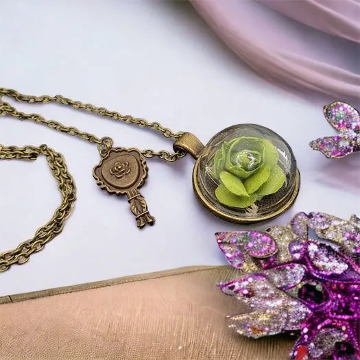 Pendant with a floral motif - dimensions 3.6 x 2.8 cm, chain 87 cm, nickel-free jewelry necklace Rose Green 1001196