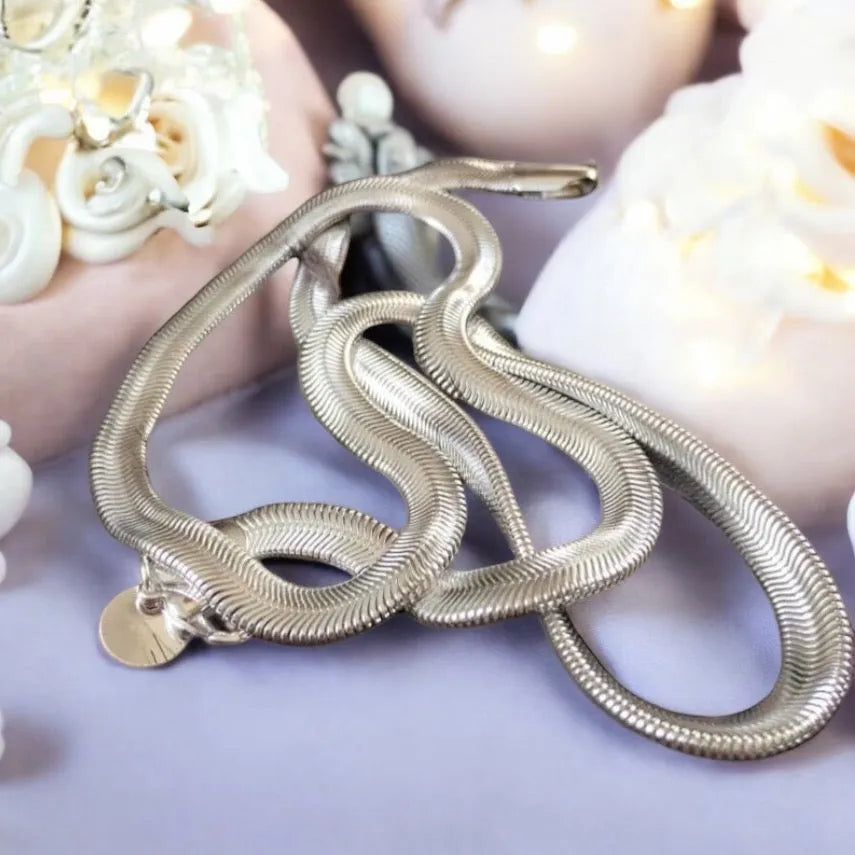Set Premena – elegantný strieborný náhrdelník a náramok s hladkou hadovitou štruktúrou, talizman vnútorného pokoja, premeny a ochrany