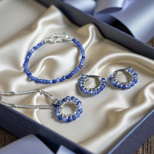 Set "Voice of Water" - kyanite and surgical steel (earrings, pendant, chain, bracelet) | Jewelry for peace and intuition HS1