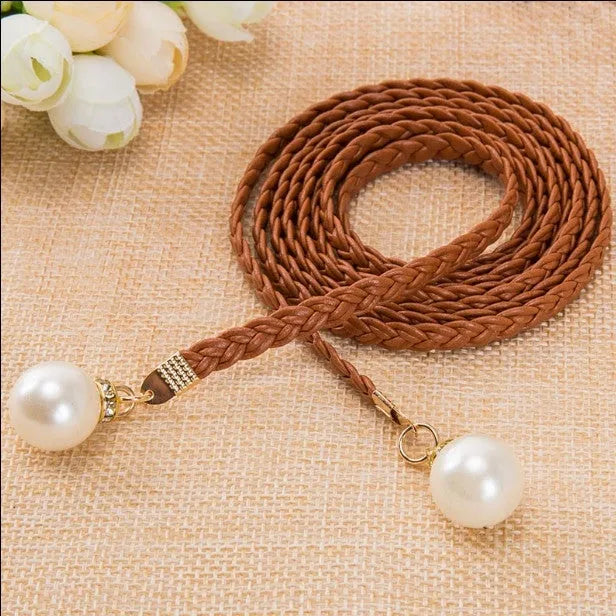 QUEEN knitted brown belt with pearls 1001298