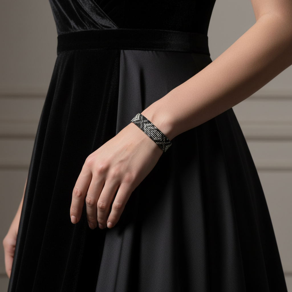 Ručne tkaný náramok Nočný Atlas v tmavých a strieborných tónoch na zápästí
Detail vzoru náramku Nočný Atlas z tmavomodrých, hnedých a strieborných korálikov
Elegantný ručne tkaný náramok Nočný Atlas s magnetickým zapínaním