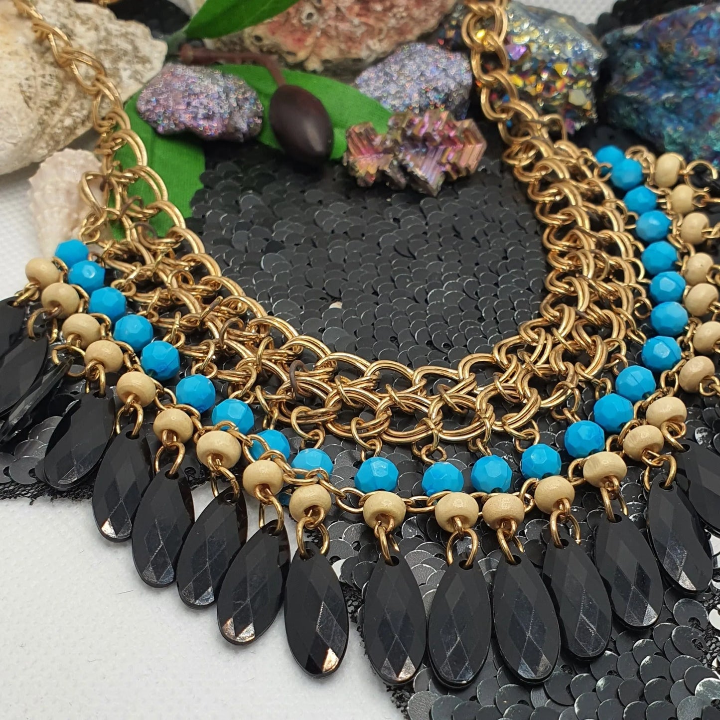 Gold necklace with blue beads and black details - jewelry Blue Stone necklace 1000213