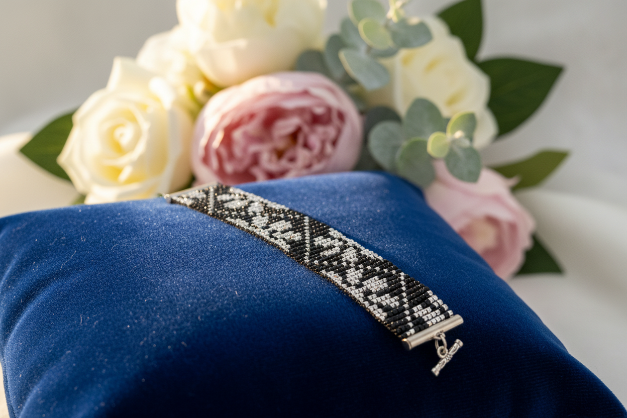 Náramok „Nočný lesk“ ručne šitý čierno-strieborný náramok z korálok