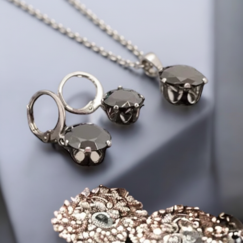 "Night Elegance" Silver Set - Earrings and Pendant Made of Surgical Steel with Black Stones