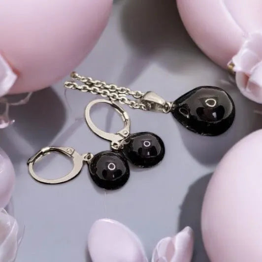 set with black pearl silver earrings and pendant 1002270