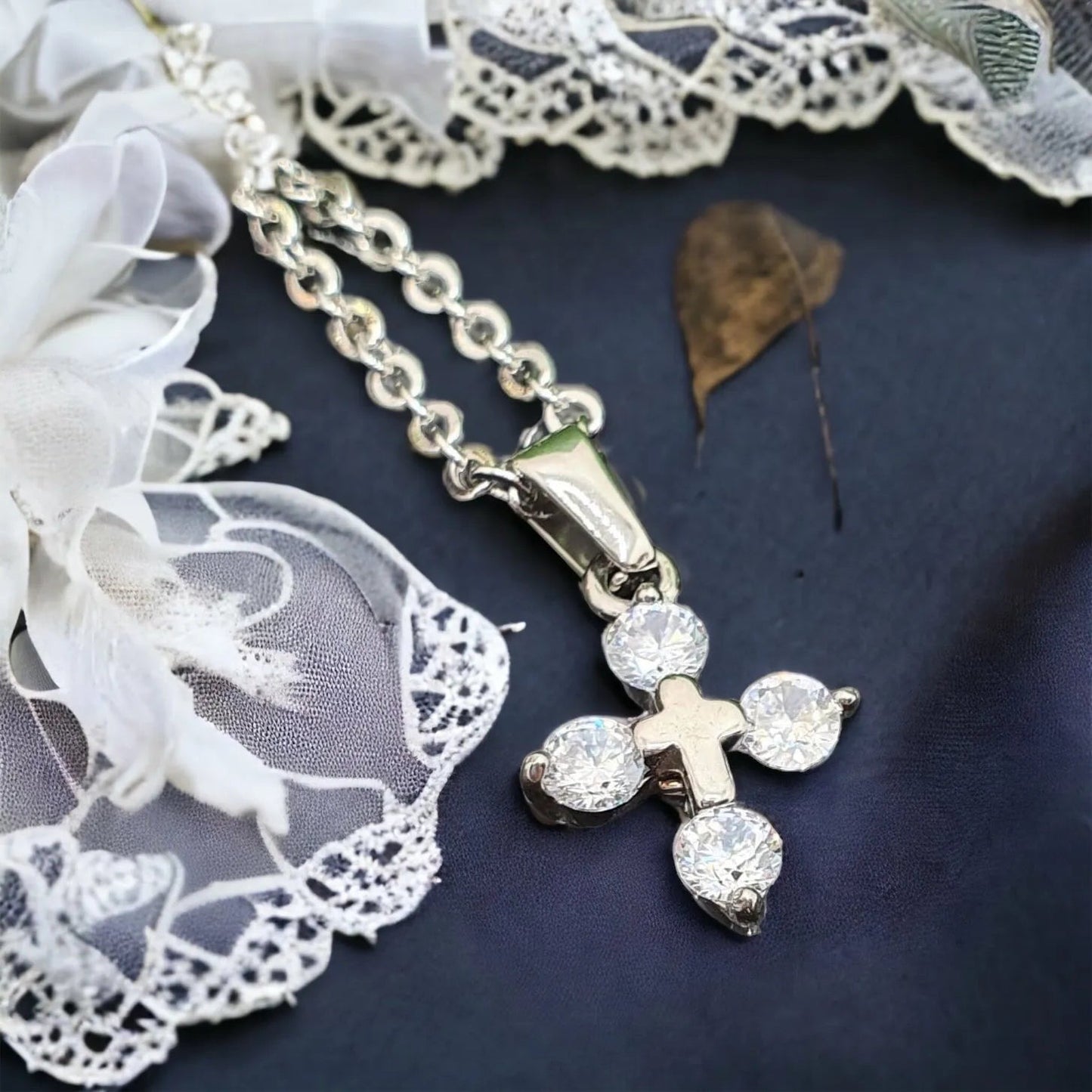 Silver cross pendant with cut zircons - surgical steel Cross pendant silver 1000643