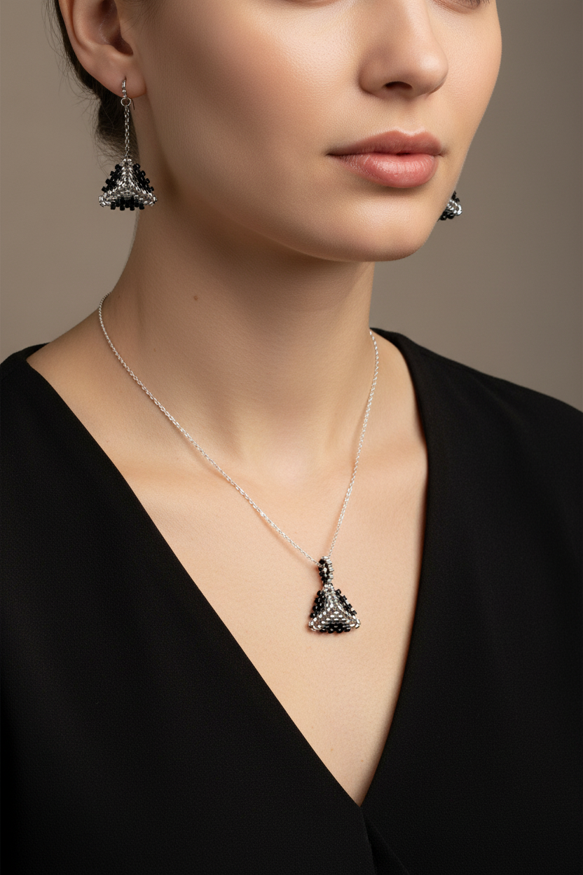 čierno strieborný set náušnice a náhrdelník trojuholník Harakka Jewls