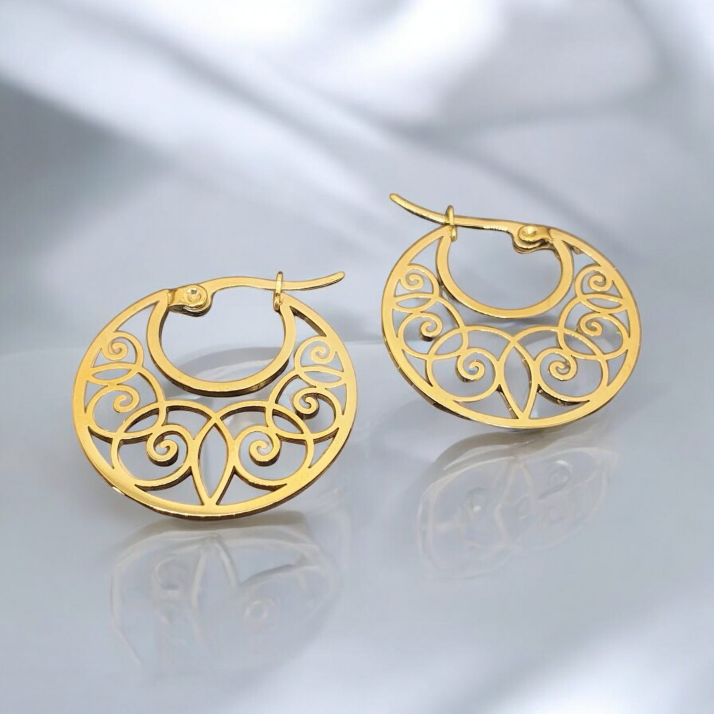Elegant Surgical Steel Earrings with Ornate Ornament in Gold Earring Design NA0053
