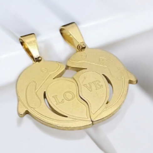 Double pendant "Love" made of surgical steel in golden design dolphin pendant R005