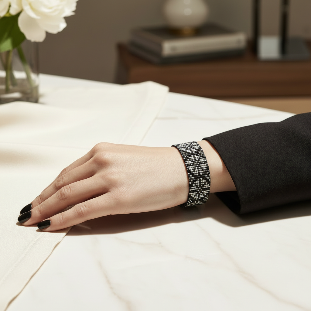 Ručne tkaný čierno-strieborný elegantný náramok so vzorom na ženskom zápästí