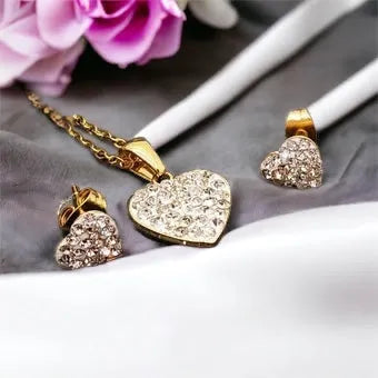Gold surgical steel set - heart-shaped earrings and pendant heart set with zircons in gold design 1002276