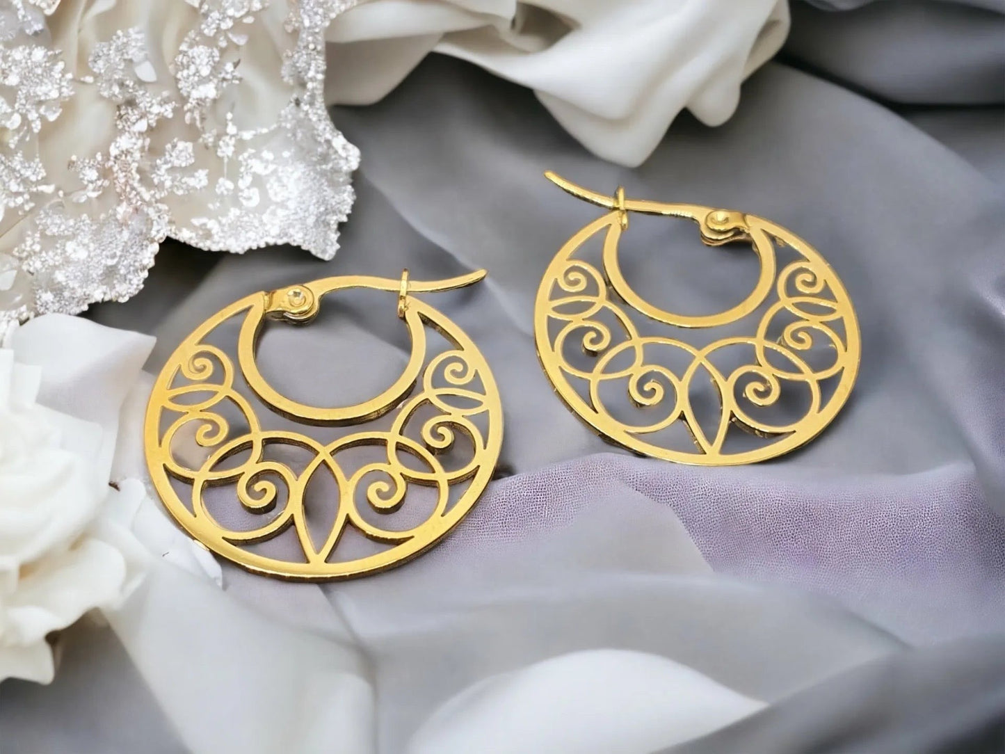 Elegant Surgical Steel Earrings with Ornate Ornament in Gold Earring Design NA0053