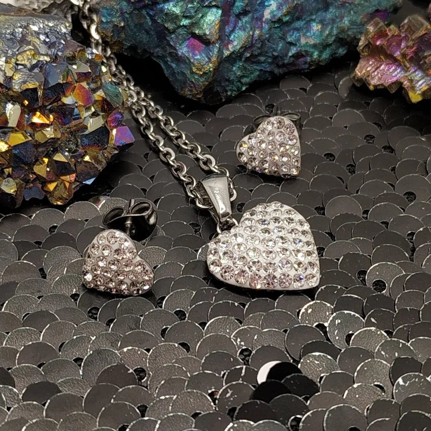 Silver surgical steel set - heart-shaped earrings and pendant heart set with zircons in silver design 1002277