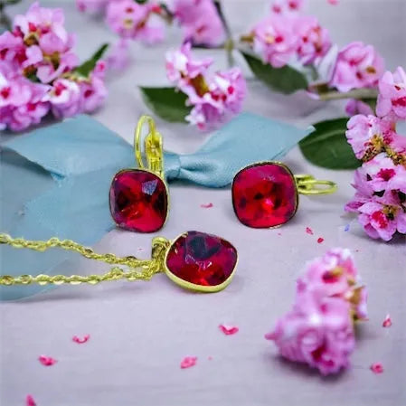set Red gold Set of earrings and a pendant with a white stone in gold design - surgical steel S0004