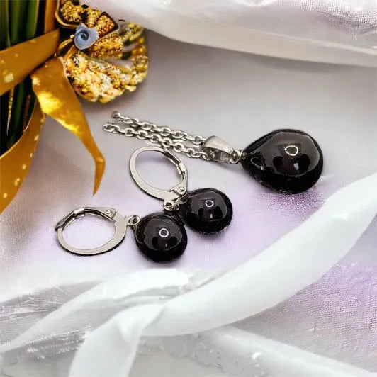 set with black pearl silver earrings and pendant 1002270
