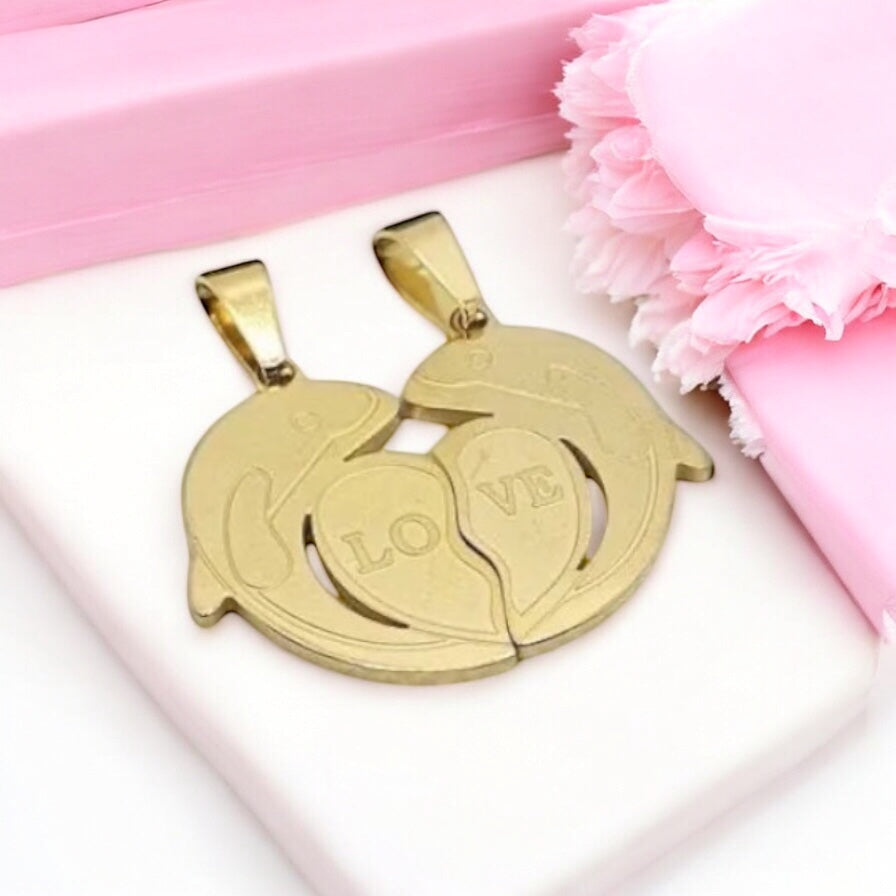 Double pendant "Love" made of surgical steel in golden design dolphin pendant R005