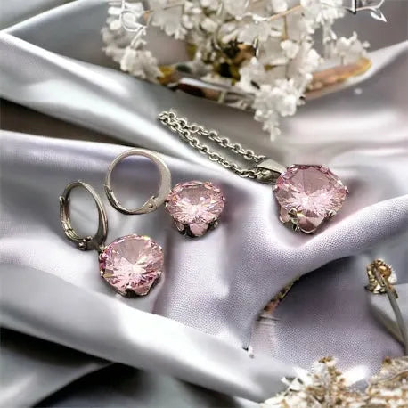 Silver surgical steel set - earrings and pendant with pink stones set with pink stones in silver design 1002328