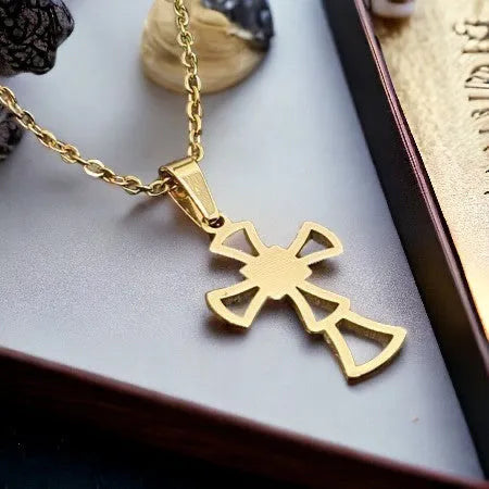 Gold pendant in the shape of a cross made of surgical steel, pendant carved cross R0001
