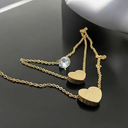 Gold surgical steel necklace with two hearts and zircon - three-layer design heart and zircon necklace in gold 1001319