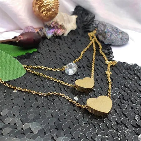 Gold surgical steel necklace with two hearts and zircon - three-layer design heart and zircon necklace in gold 1001319