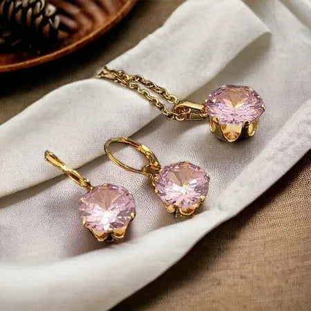 Gold surgical steel set - earrings and pendant with pink stones set with pink stones in gold design 1002330
