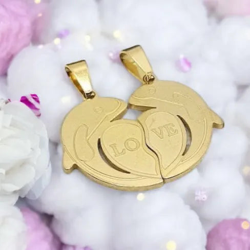 Double pendant "Love" made of surgical steel in golden design dolphin pendant R005
