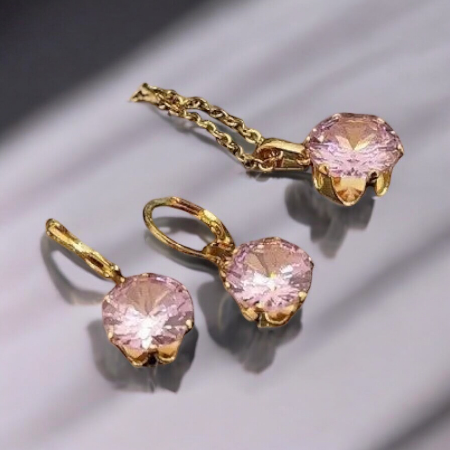 Gold surgical steel set - earrings and pendant with pink stones set with pink stones in gold design 1002330