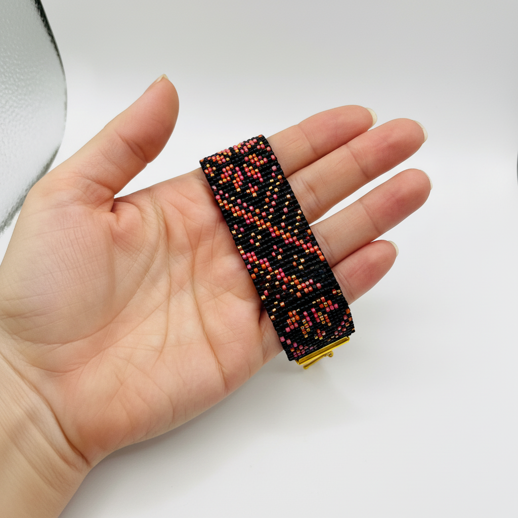 široký čierno oranžovo ružový náramok slovanský ornament Harakka Jewls