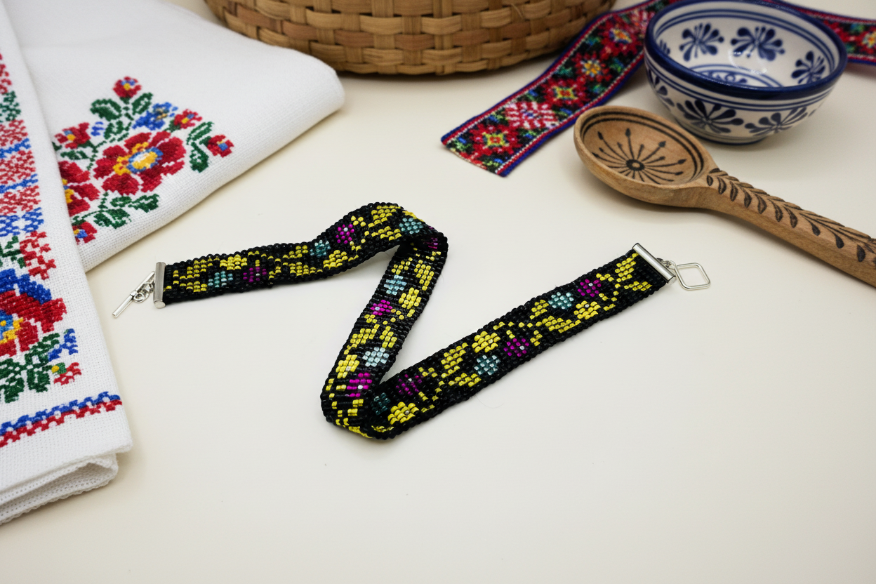 slovansky folklorny nahrdelnik cierny s farebnymi kvetmi harakka jewls