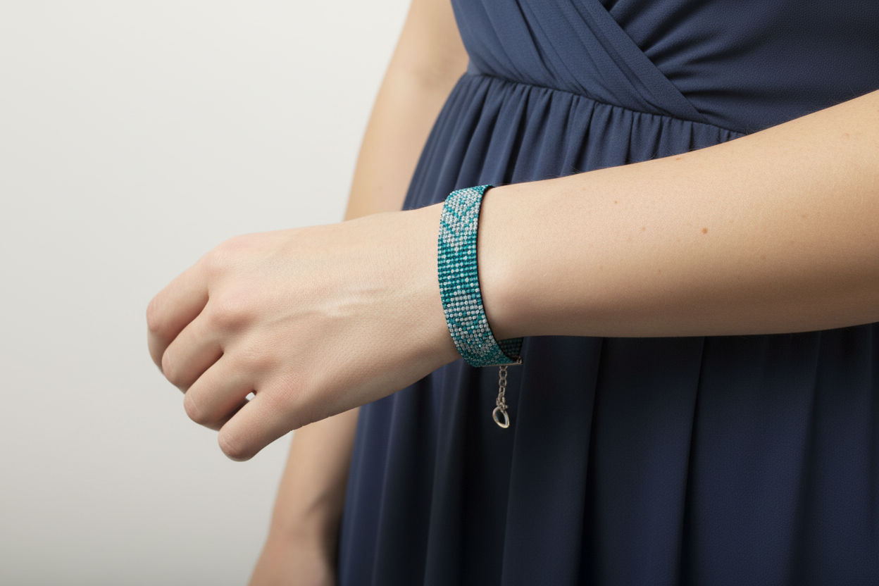 zelený ručne robený náramok Harakka Jewls
smaragdový korálkový náramok detail
elegantný zelený náramok na ruke