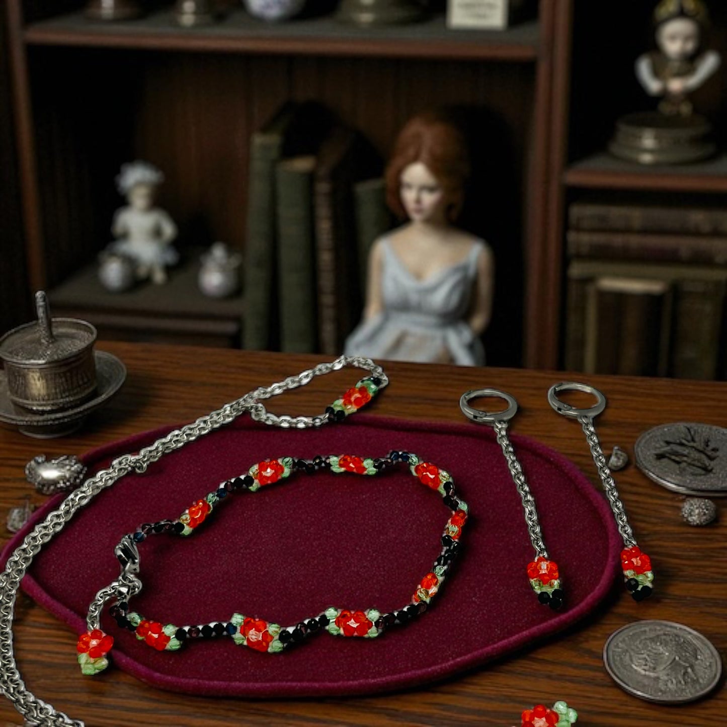 Set Červený kvet – náušnice, náramok a náhrdelník HA77