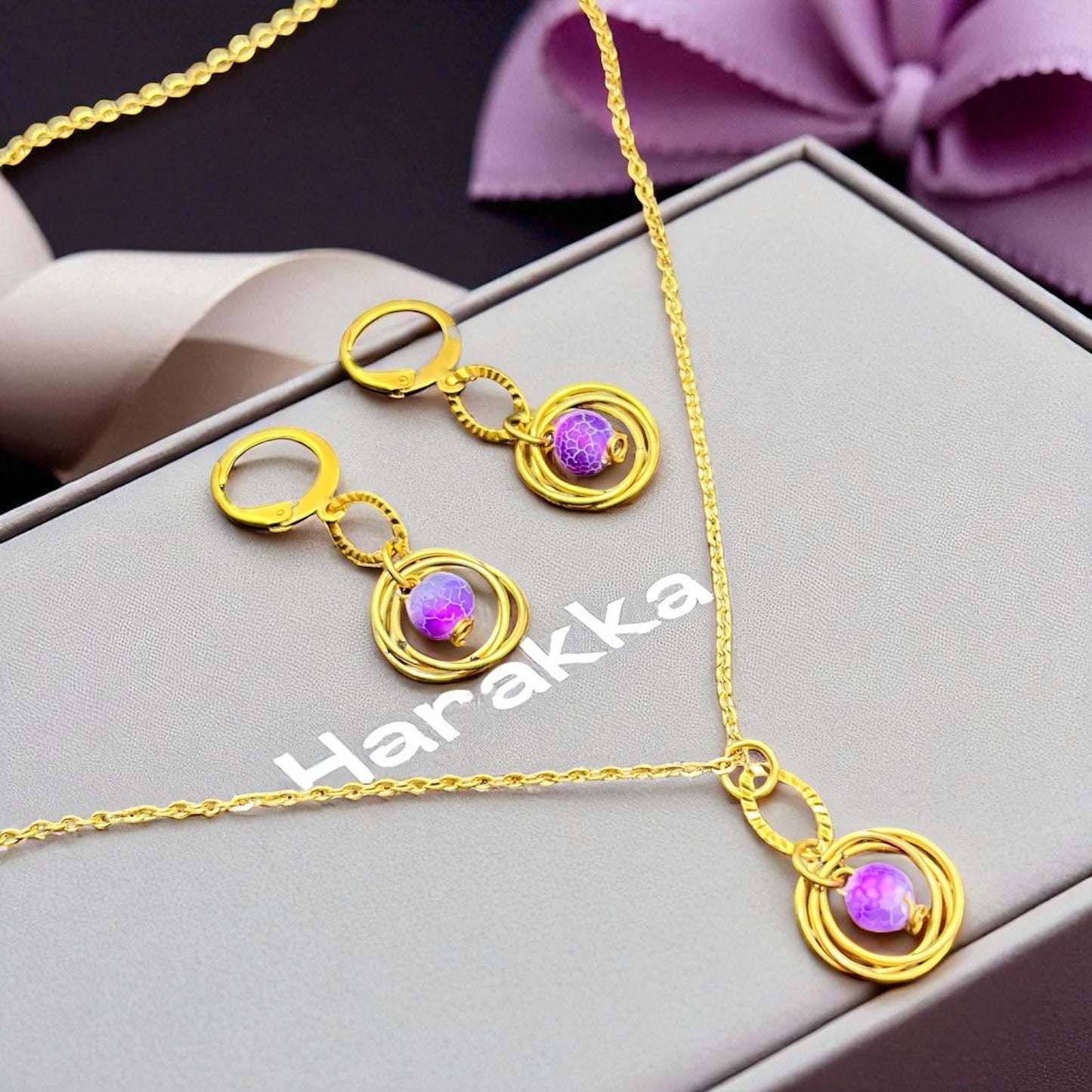 Set náušnice a retiazka s ametystom v zlatom prevedení – Harakka Jewls