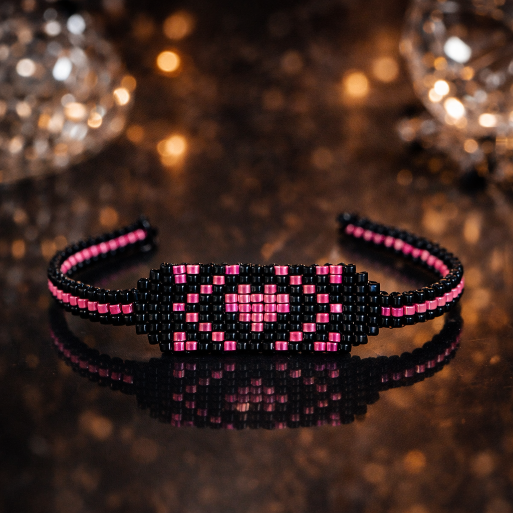 Ručne tkaný náramok s ružovým srdcom z čiernych a ružových korálok Harakka Jewls