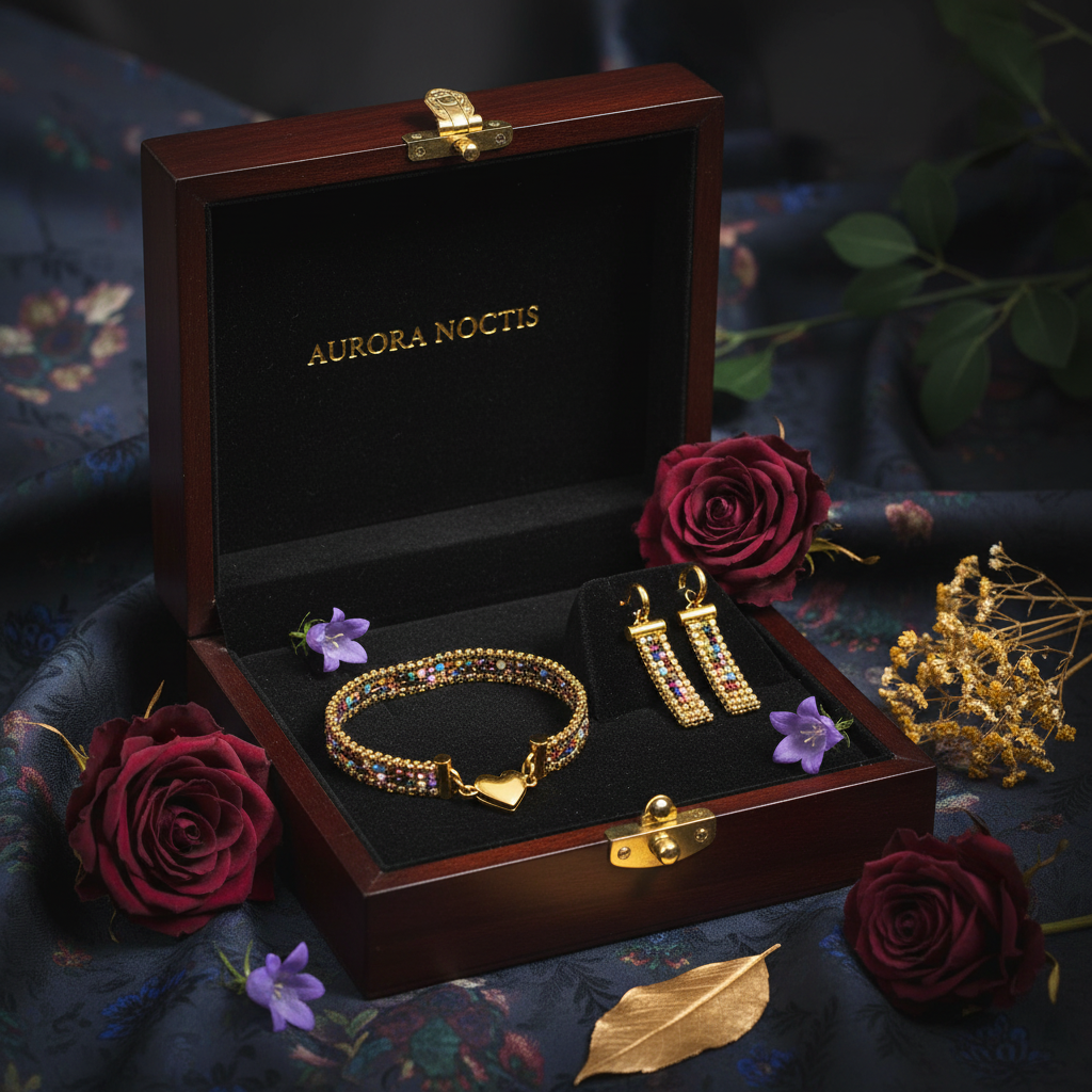 Ručne robený zlatý set šperkov s farebnými korálkami a magnetickým srdiečkovým zapínaním Harakka