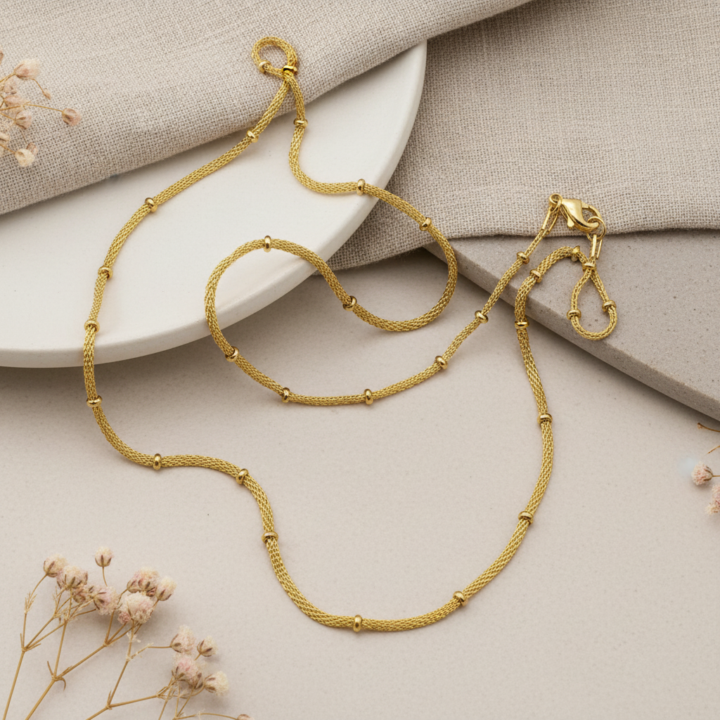 Harakka gold mesh ball bead chain necklace flat lay