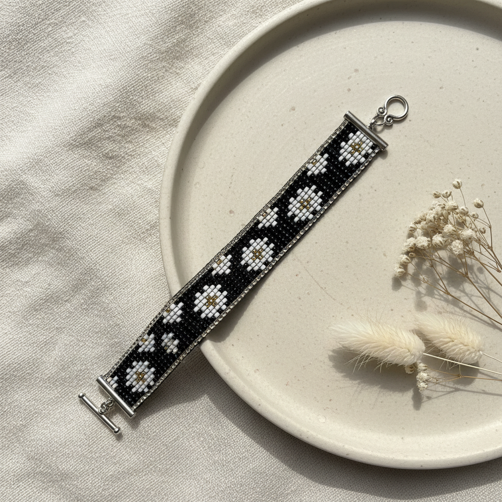 Harakka – luxusný flat lay čierny kvetový náramok