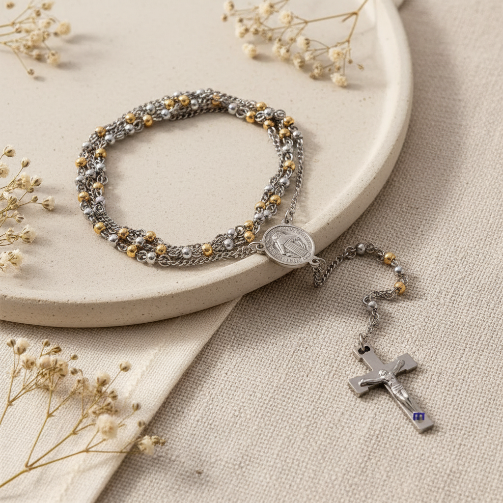 Harakka – ruženec mix gold-silver flat lay