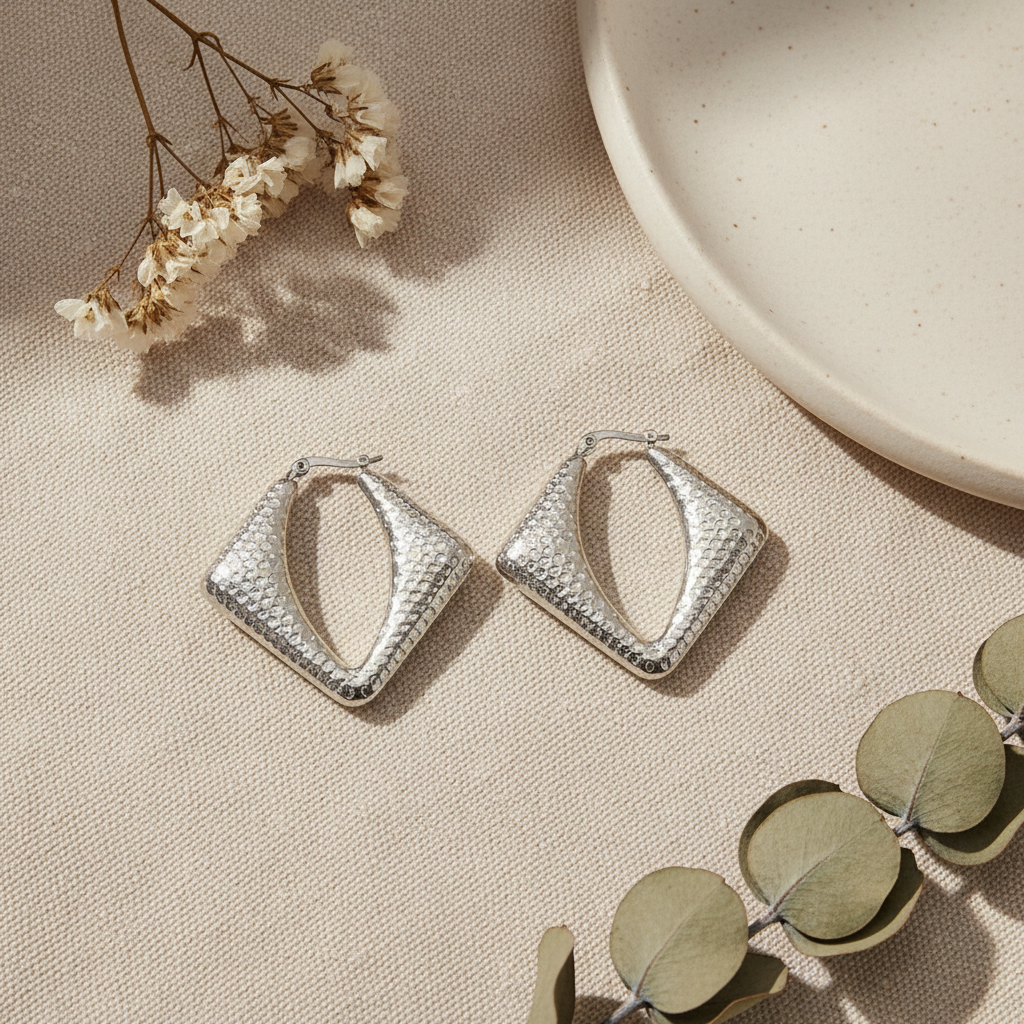 Harakka silver square hoop earrings flat lay