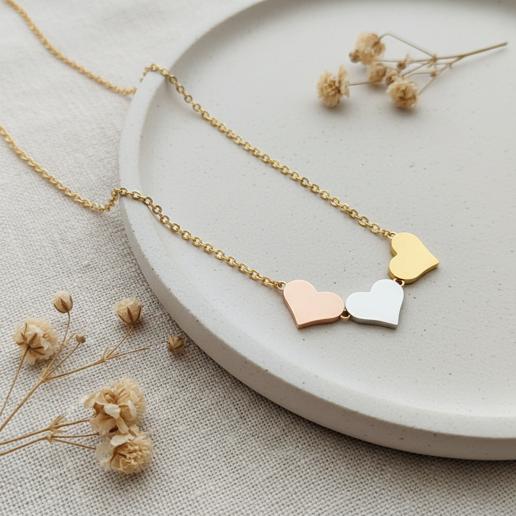 Harakka – trojfarebný náhrdelník srdiečka flat lay