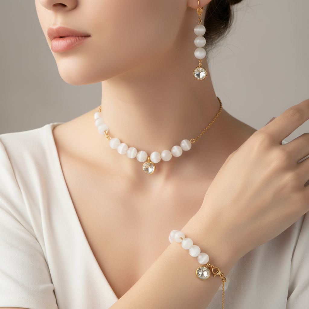 Set Mačacie oko biele na krku a zápästí modelky | HARAKKA