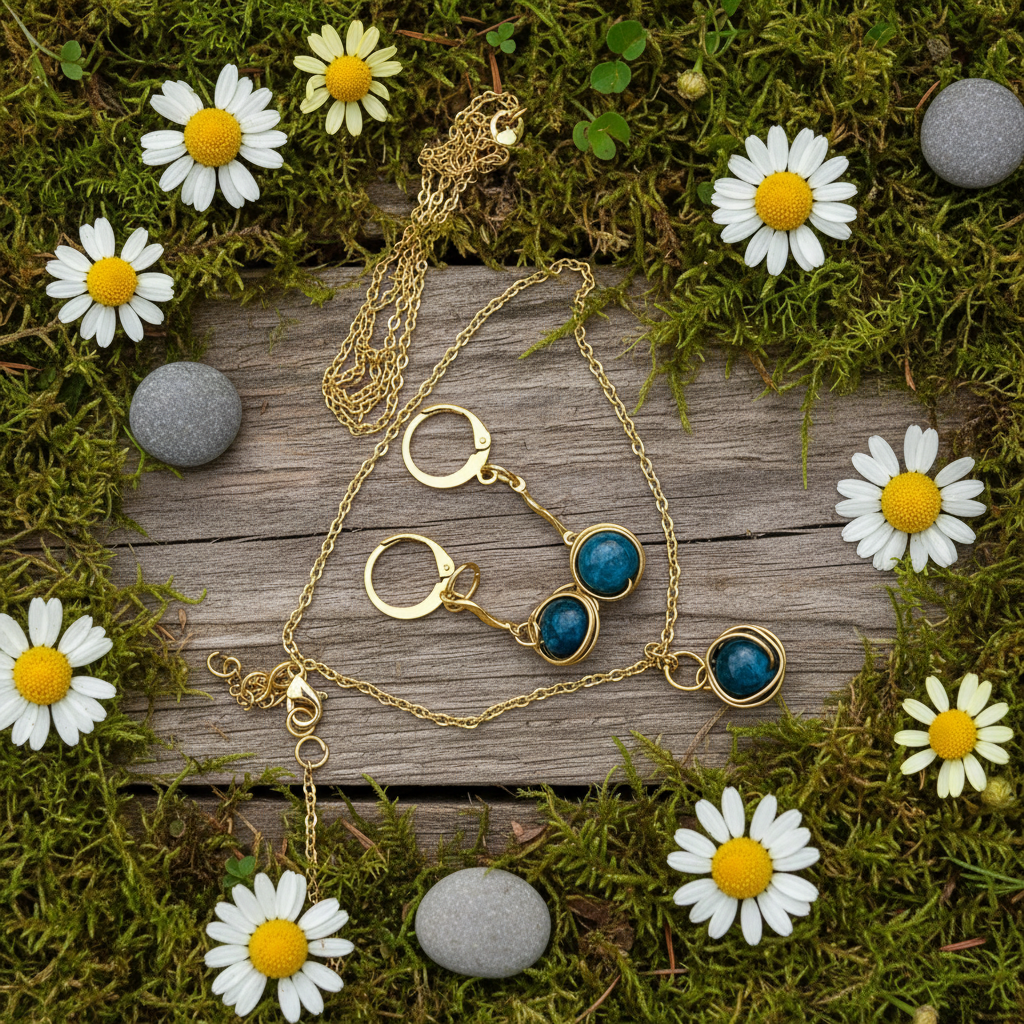 Green Agate Earrings and Necklace Set in Gold Surgical Steel – Emerald Tranquility S34