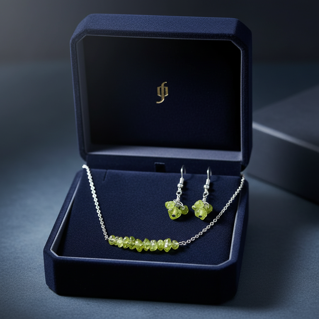 Ručne vyrobený olivínový set v elegantnej šperkovnici – HARAKKA Jewls