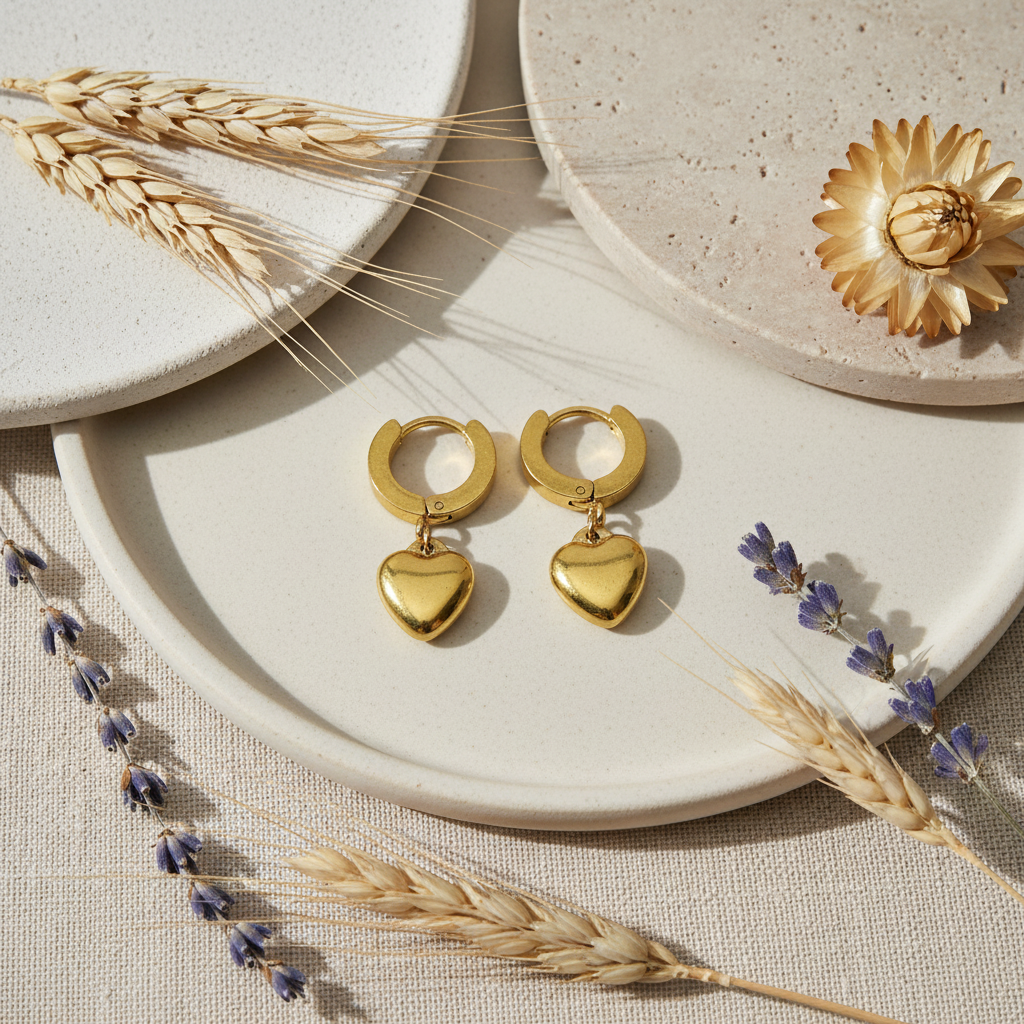 Zlaté náušnice so srdiečkom – luxusný flat lay Harakka