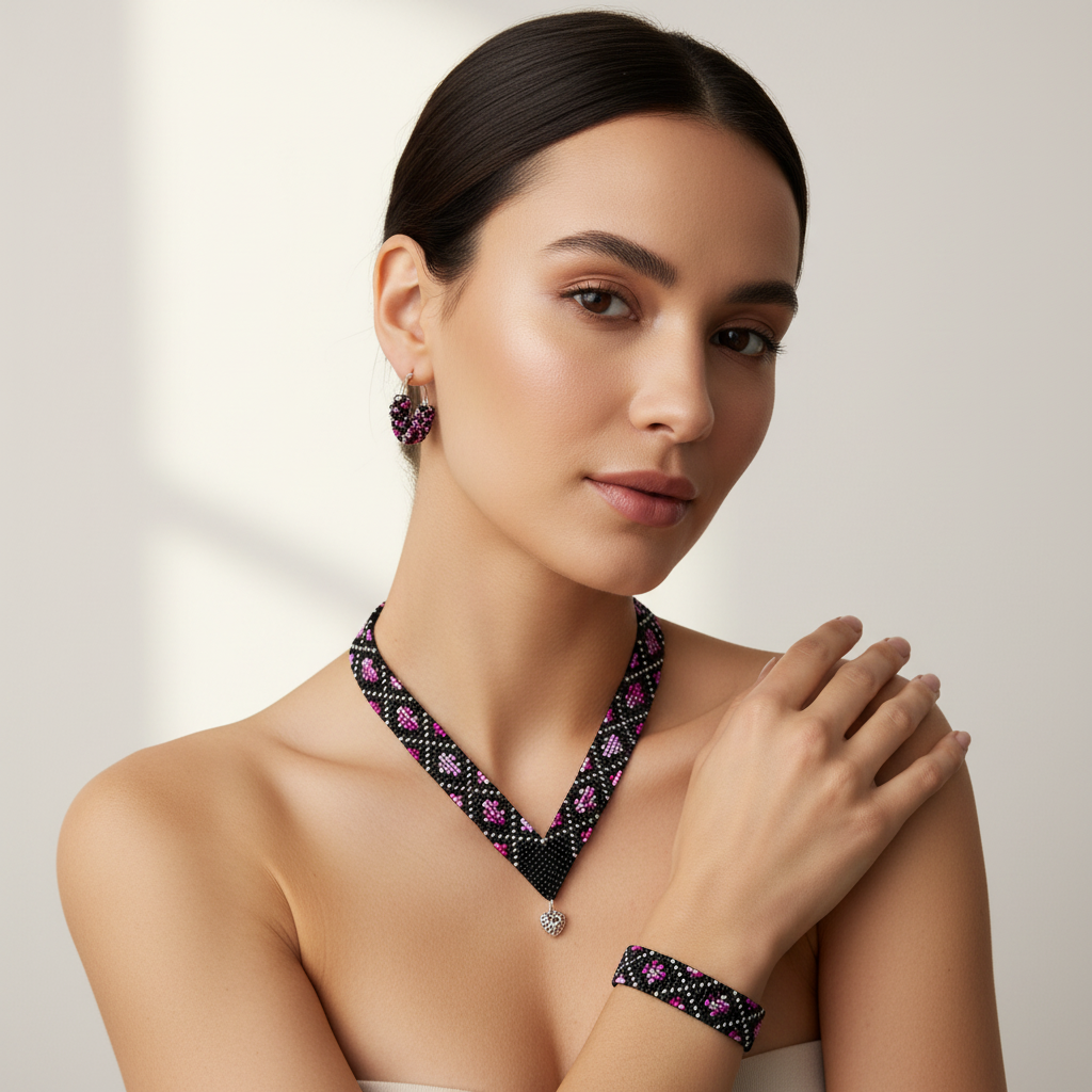 Ručne šitý ružovo čierny korálkový set so srdiečkom – náhrdelník 45 cm, náramok 19 cm, náušnice 3 cm Harakka Jewls