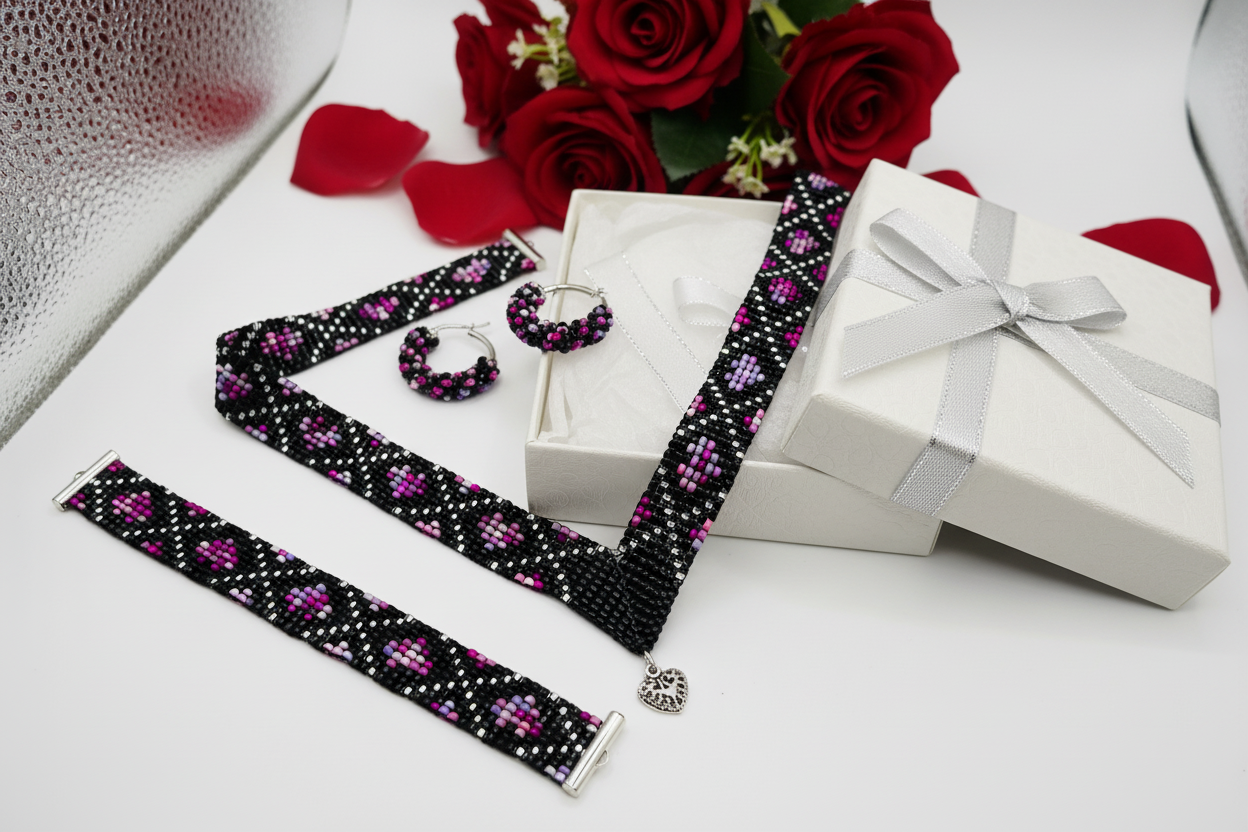 Ručne šitý ružovo čierny korálkový set so srdiečkom – náhrdelník 45 cm, náramok 19 cm, náušnice 3 cm Harakka Jewls