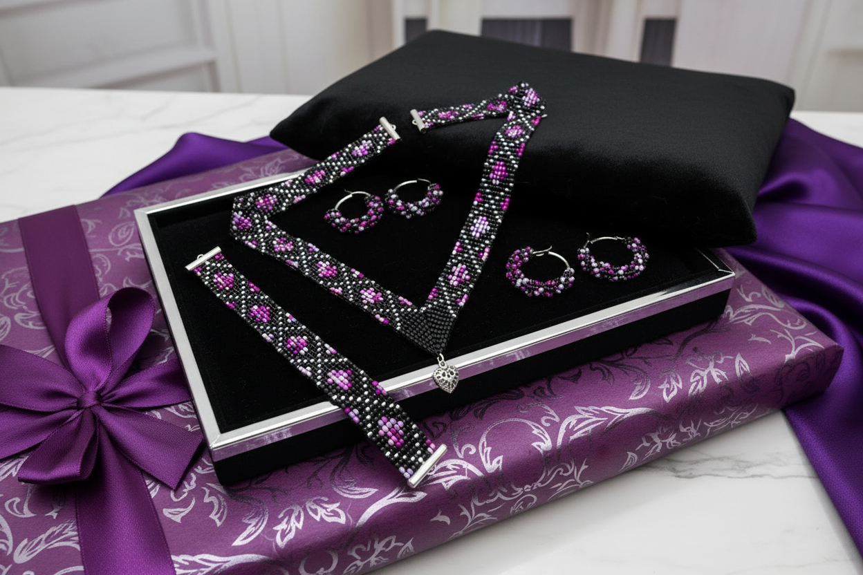 Ručne šitý ružovo čierny korálkový set so srdiečkom – náhrdelník 45 cm, náramok 19 cm, náušnice 3 cm Harakka Jewls