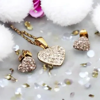 Gold surgical steel set - heart-shaped earrings and pendant heart set with zircons in gold design 1002276