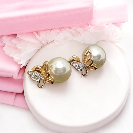 Elegant costume jewelry earrings - white pearl and butterfly decorated with rhinestones Butterfly earrings 1000743