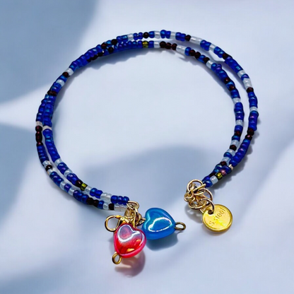 Blue Tenderness Bracelet – double, with beads and hearts