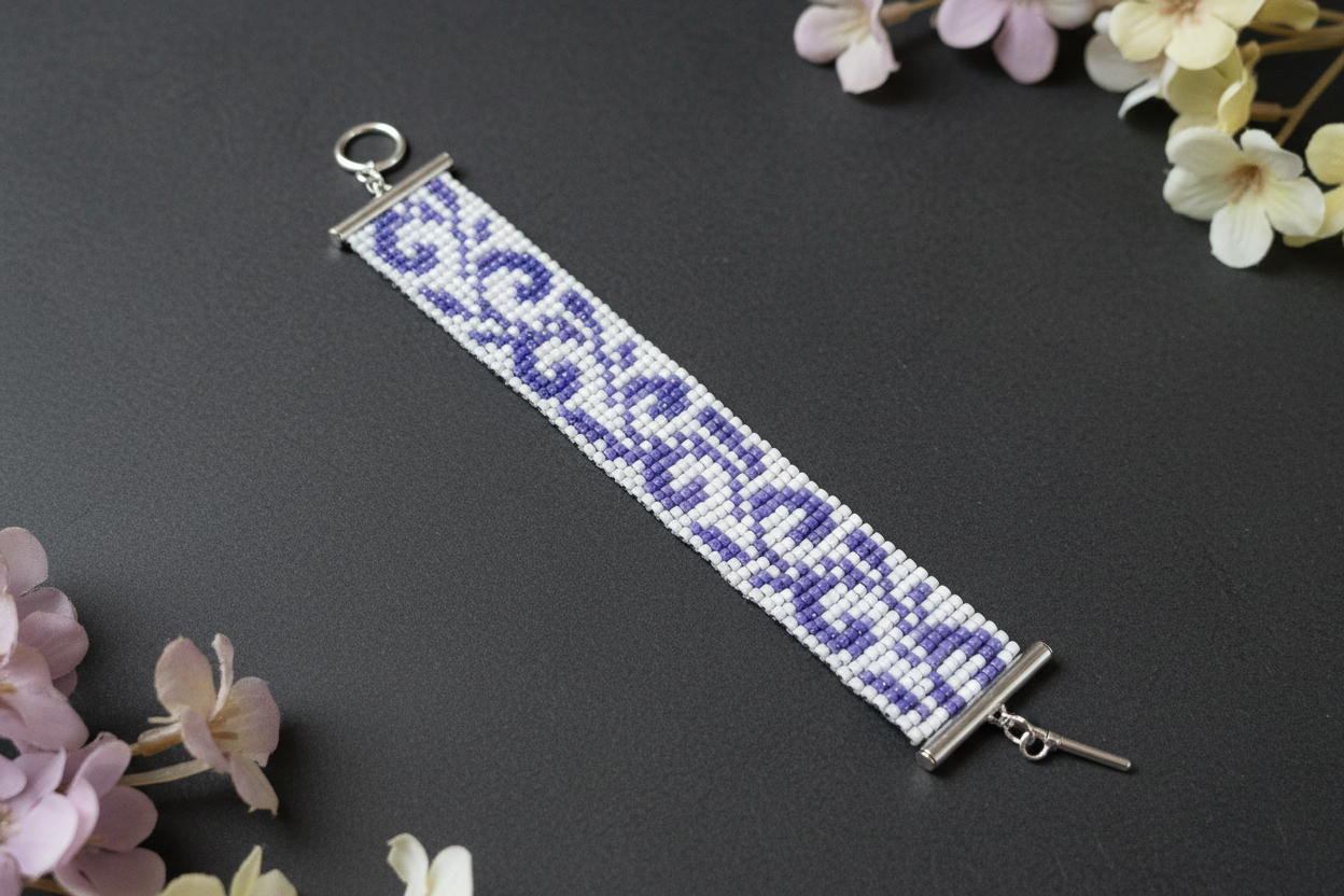 bielo fialový minimalistický tkaný náramok Harakka Jewls